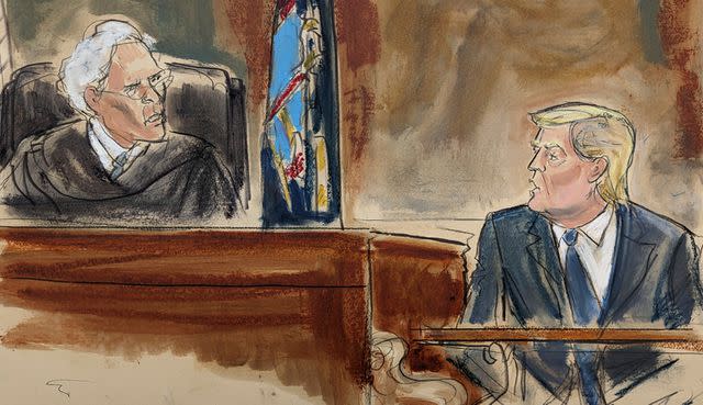 <p>Elizabeth Williams via AP</p> In this courtroom sketch, Judge Arthur Engoron questions former President Donald Trump on the witness stand in New York Supreme Court, Wednesday, Oct. 25, 2023, in New York. Engoron has fined Trump $10,000, saying that Trump violated a limited gag order barring personal attacks on court staffers