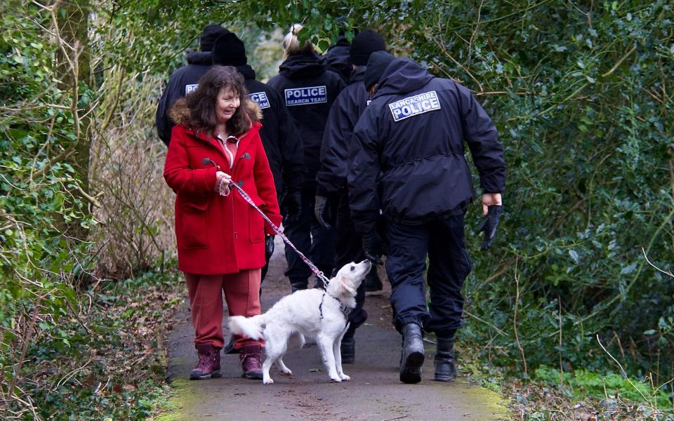 Christine Bowman, pictured with her dog Snowdrop, told police she did not see Ms Bulley during her walk in the area last Friday - Warren Smith