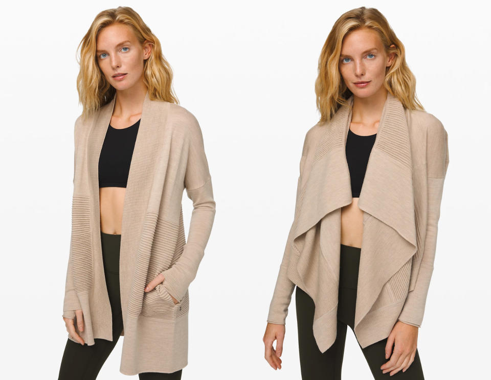 The Sit in Lotus Wrap II worn in two different ways. Image via Lululemon.com. 