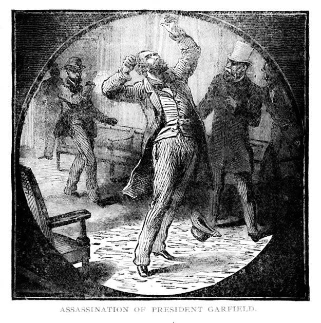 Engraving depicts the assassination of President James Garfield, showing Garfield falling as Charles Guiteau shoots him, with two men reacting nearby