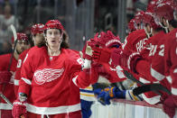 Detroit Red Wings left wing Tyler Bertuzzi (59) celerbrates his goal against the Buffalo Sabres in the first period of an NHL hockey game Saturday, Jan. 15, 2022, in Detroit. (AP Photo/Paul Sancya)