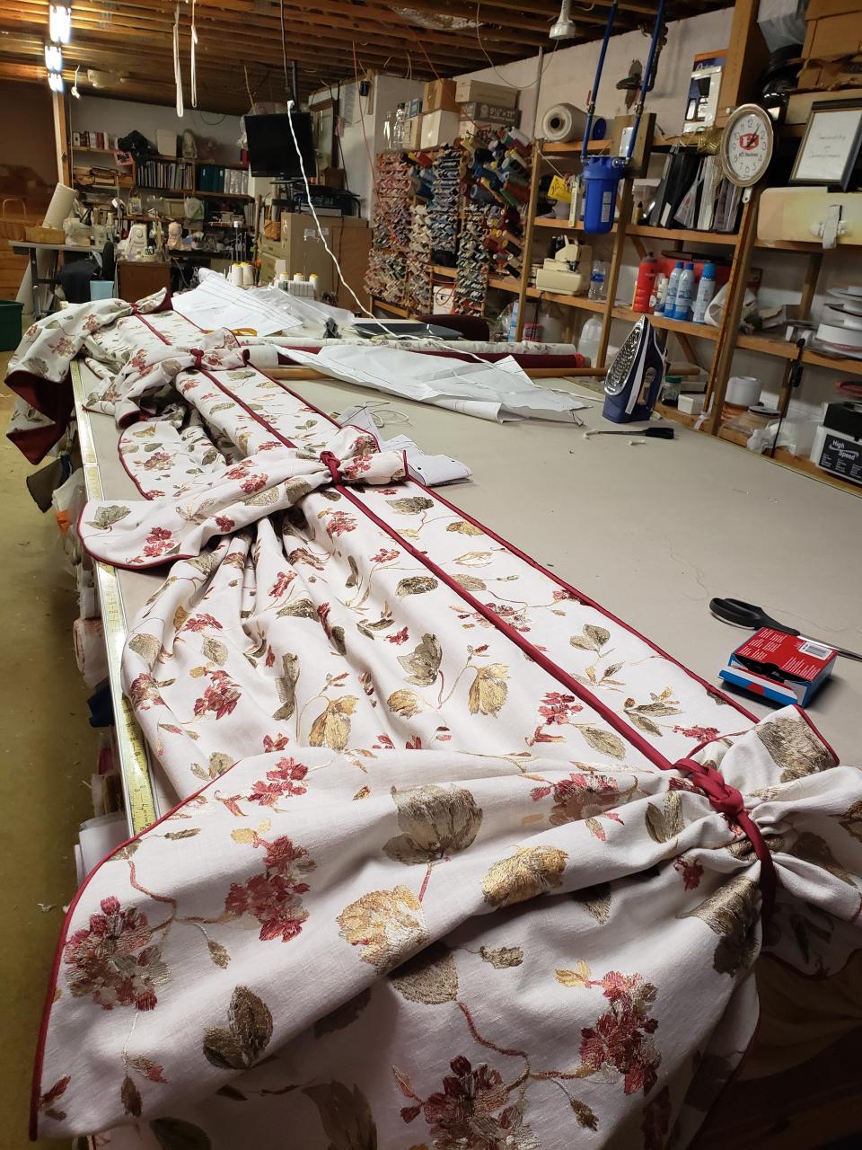 A valance that was awaiting finishing in one of Roberta Houston’s last projects is pictured at her home workroom.