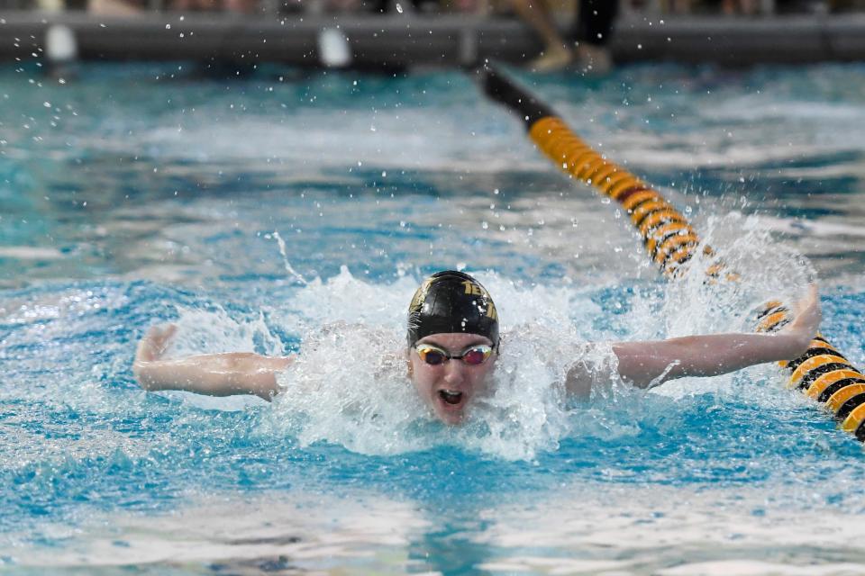 Aaron Baltaytis of Tenafly competes in the boys 100-yard butterfly during the Bergen County Meet of Champions on Sunday, Jan. 26, 2020, in West Nyack.