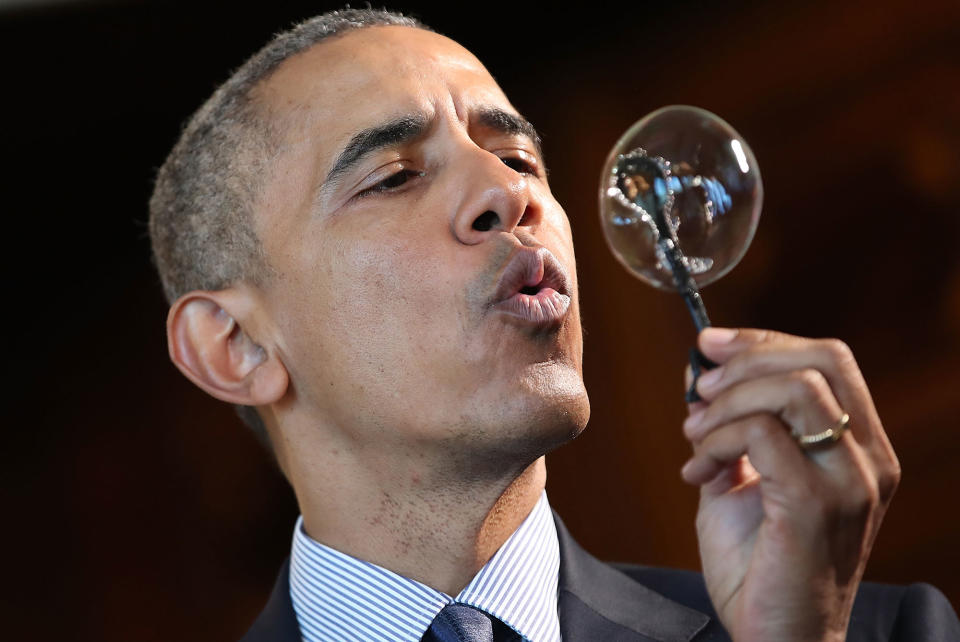 <p>President Barack Obama blows a bubble from a bubble wand made with a 3D printer by nine-year old Jacob Leggette while touring exhibits at the White House Science Fair April 13, 2016 in Washington, DC. Leggette, of Baltimore, Maryland wanted to take on the Digital Harbor Foundation’s MiniMakers challenge, but faced the practical problem of not having a 3D printer. Jacob wrote letters to different printer companies, asking if they would donate a 3D printer in return for feedback on how easily a then-eight-year-old could use their device. His sales pitch worked, and he has been creating toys and games ever since. (Win McNamee/Getty Images) </p>