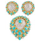 <p><strong>Van Cleef & Arpels</strong></p><p>1stdibs.com</p><p><a href="https://www.1stdibs.com/jewelry/earrings/clip-on-earrings/van-cleef-arpels-cabochon-turquoise-diamond-gold-demi-parure/id-j_9614702/" rel="nofollow noopener" target="_blank" data-ylk="slk:Discover;elm:context_link;itc:0;sec:content-canvas" class="link ">Discover</a></p><p>Believed to have been created during the 1960s, these elegant button ear clips and dazzling brooch boast brilliant-cut diamonds in a pavé setting as the centers with cabochon turquoise floating above.</p>