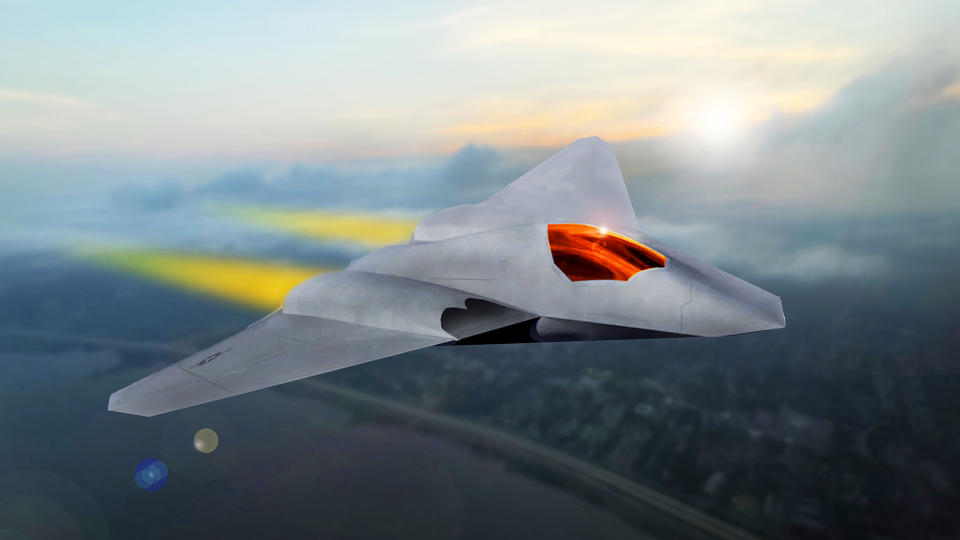 (ILLUSTRATION) -- An artist illustration depicts a sixth generation air dominance fighter during an evening mission over an undisclosed location during a future near-peer conflict. Mike Tsukamoto/staff; Boeing