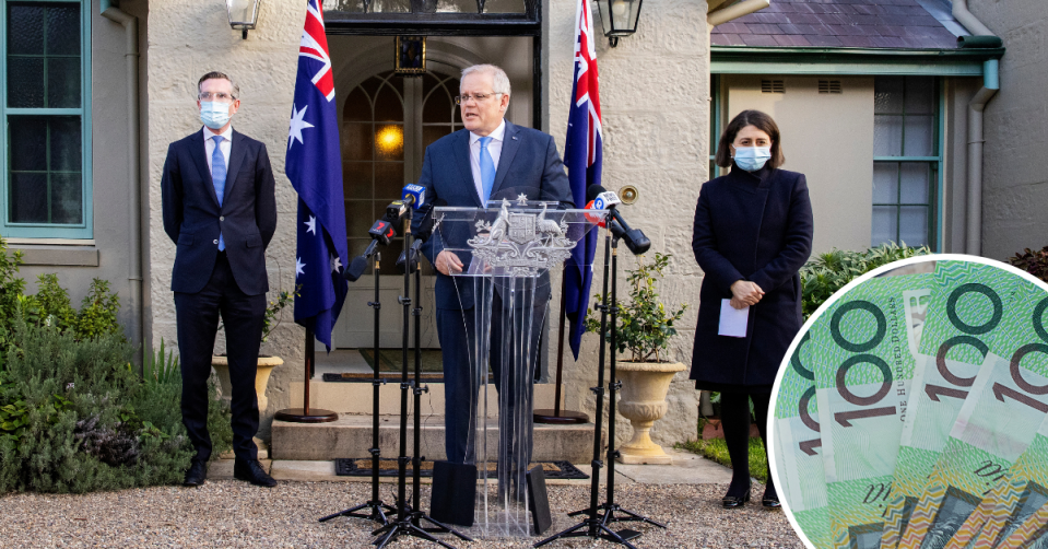 Prime Minister Scott Morrison with NSW Treasurer Dominic Perrottet and NSW Premier Gladys Berejiklian