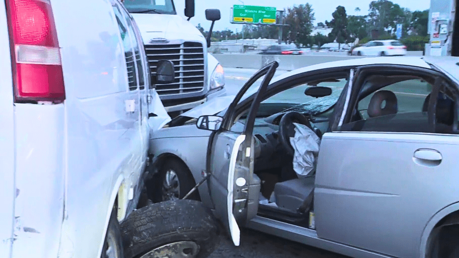 Damage is seen to a vehicle hit head-on during a pursuit on the 405 Freeway on May 17, 2024. (KTLA)