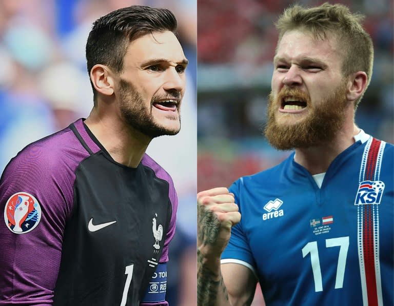 France goalkeeper and captain Hugo Lloris (L) and Iceland captain and midfielder Aron Gunnarsson