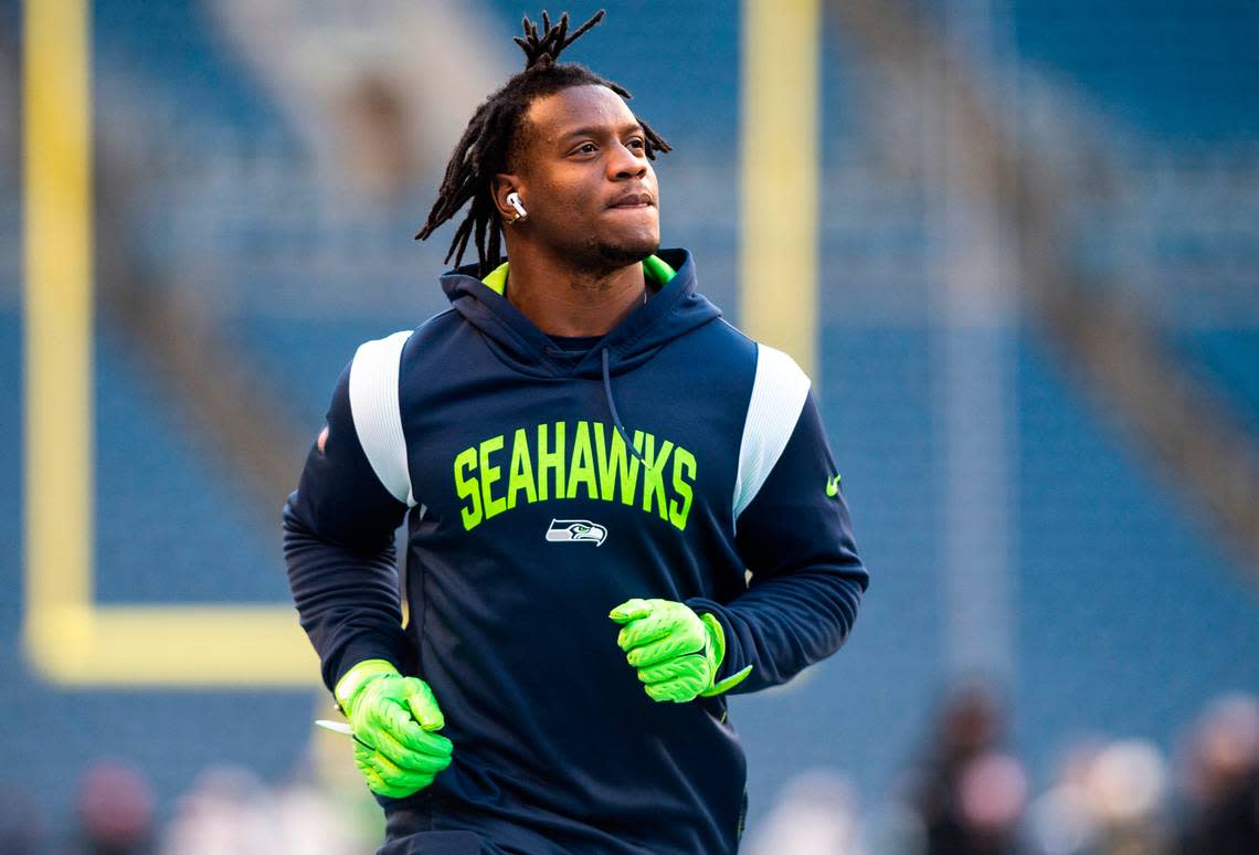 Seattle Seahawks running back Kenneth Walker III (9) warms ups before the start of an NFL game against the San Francisco 49ers at Lumen Field in Seattle Wash., on Dec. 15, 2022.