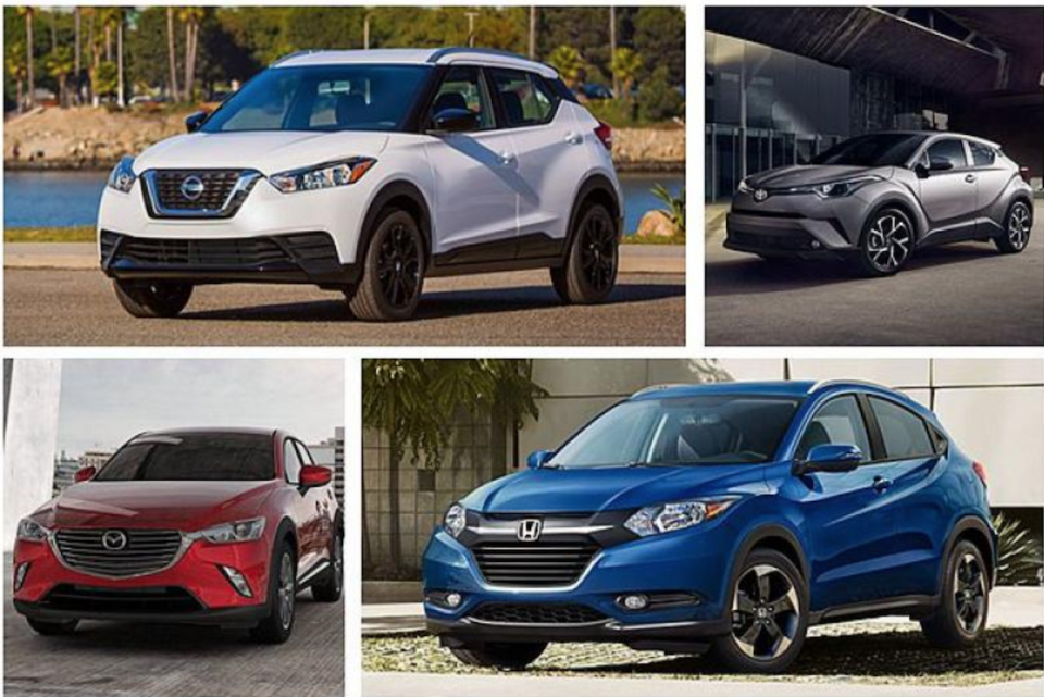 <strong>Nissan Kicks（左上）在北美市場開出17,990 美金起（約 53.5 萬元台幣）的售價，比 Toyota C-HR（右上）、Honda HR-V（右下）、Mazda CX-3（左下）的起售價格還便宜。</strong>