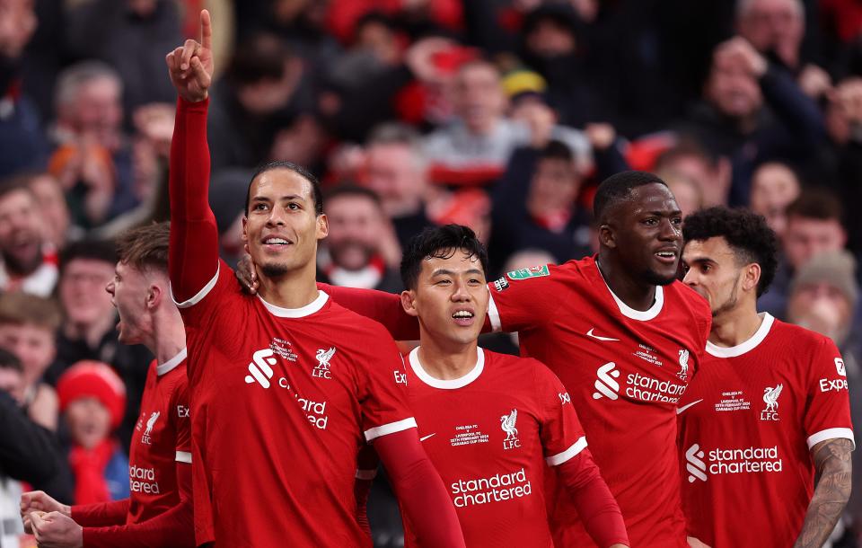 LONDON, ENGLAND - FEBRUARY 25: Virgil van Dijk of Liverpool celebrates his disallowed goal during the Carabao Cup Final match between Chelsea and Liverpool at Wembley Stadium on February 25, 2024 in London, England. (Photo by Julian Finney/Getty Images)