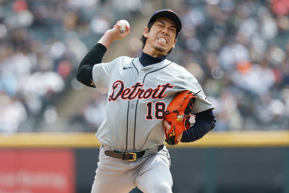 Detroit Tigers starting pitcher Kenta Maeda delivers a pitch against the Chicago White Sox during the first inning at Guaranteed Rate Field in Chicago, March 30, 2024.