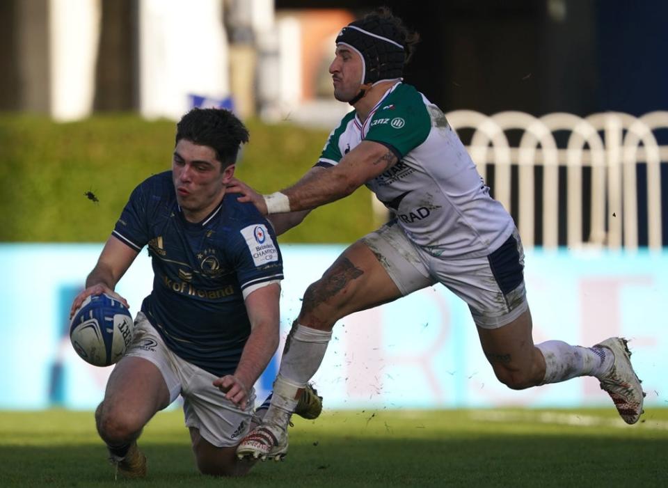 Jimmy O’Brien scores one of Leinster’s 13 tries in their 89-7 European Champions Cup humbling of Montpellier (Brian Lawless/PA) (PA Wire)