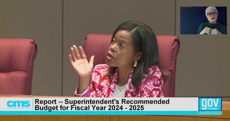 Charlotte-Mecklenburg Schools Superintendent Crystal Hill answers school board member questions Tuesday night during the presentation of her 2024-2025 recommended budget Screenshot from Charlotte-Mecklenburg Schools livestream