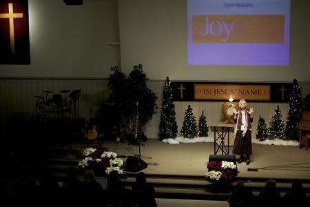 Terri Roberts, the mother of Amish school shooter Charles Roberts, speaks at New Covenant Community Church in Delta, Pennsylvania on December 1, 2013. REUTERS/Mark Makela