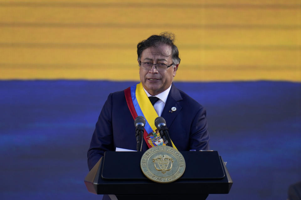 President Gustavo Petro speaks after taking the oath of office in Bogota, Colombia, Sunday, Aug. 7, 2022. (AP Photo/Fernando Vergara)