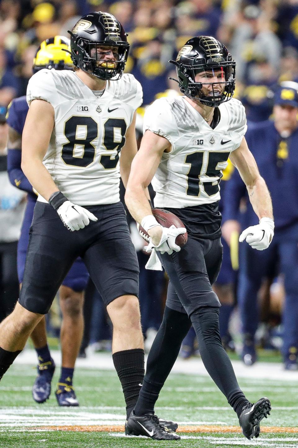 Purdue wide receiver Charlie Jones reacts to a first down against Michigan during the first half of the Big Ten championship game on Saturday, Dec. 3, 2022, in Indianapolis.