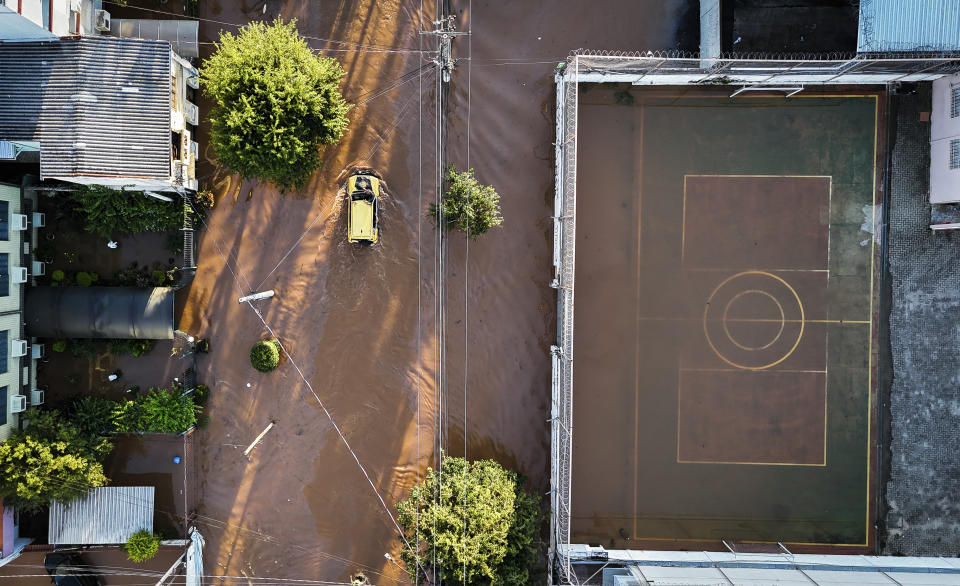 View of an area flooded by heavy rains in Porto Alegre, Rio Grande do Sul state, Brazil, Monday, May 6, 2024. (AP Photo/Carlos Macedo)