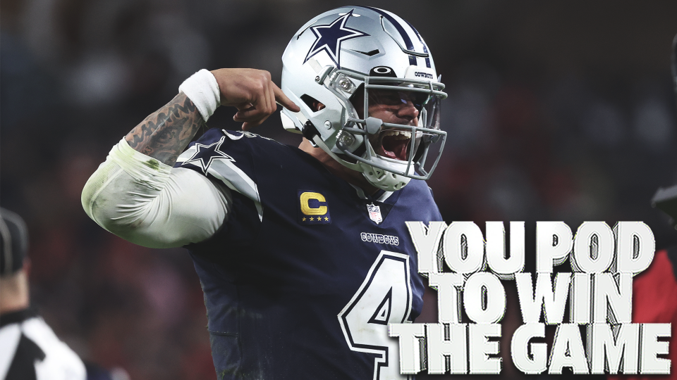 January 16, 2023;  Tampa, Florida, USA;  Dallas Cowboys quarterback Dak Prescott (4) responds after throwing a touchdown pass against the Tampa Bay Buccaneers in the second half during the wild card game at Raymond James Stadium.  Mandatory credit: Kim Klement-USA TODAY Sports