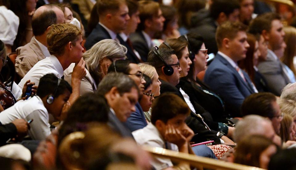 Crowd members listen during the Saturday evening session of the 193rd Semiannual General Conference of The Church of Jesus Christ of Latter-day Saints at the Conference Center in Salt Lake City on Saturday, Sept. 30, 2023. | Scott G Winterton, Deseret News
