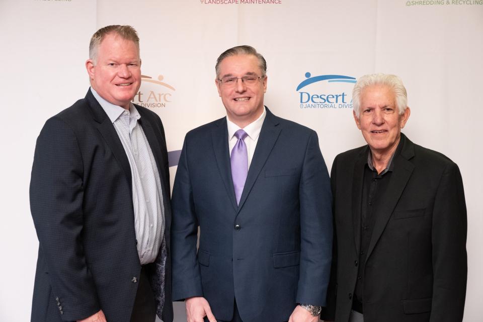 Keynote speaker John Page poses with Damian Jenkins and Richard Balocco at Desert Arc's sixth annual Champions of Change Recognition awards luncheon on Feb. 8, 2024.