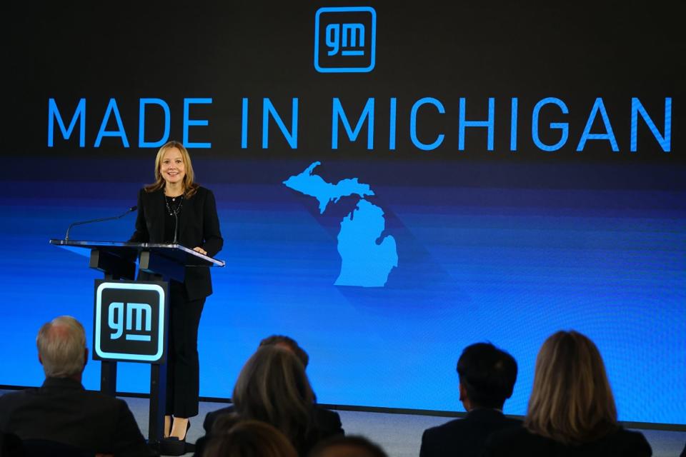 General Motors Chair and CEO Mary Barra announces Tuesday a GM investment of more than $7 billion in four Michigan manufacturing sites that includes building a new Ultium Cells battery cell plant in Lansing and converting the GM Orion Assembly plant to build full-size electric pickups. The investment will create 4,000 new jobs and retain 1,000. Barra made the announcement from the Senate Hearing Room of the Boji Tower in Lansing, Michigan.