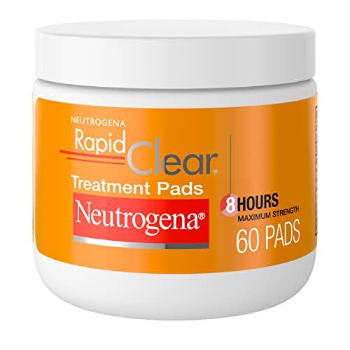 <p>Rapid Clear Maximum Strength Acne Face Pads</p><p>amazon.com</p><p>$8.47</p><p><a href="https://www.amazon.com/dp/B000NVWF3G?tag=syn-yahoo-20&ascsubtag=%5Bartid%7C2141.a.41845905%5Bsrc%7Cyahoo-us" rel="nofollow noopener" target="_blank" data-ylk="slk:Shop Now;elm:context_link;itc:0;sec:content-canvas" class="link rapid-noclick-resp">Shop Now</a></p><span class="copyright">Neutrogena</span>