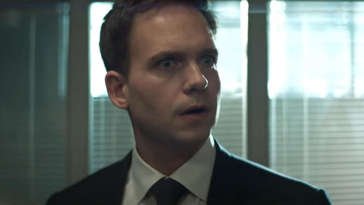  Close-up of Patrick J. Adams' Philip stressed out in Plan B. 