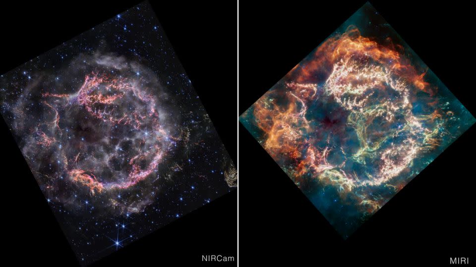 Astronomers spied previously unseen details in the supernova remnant Cassiopeia A using the Webb telescope's Near-Infrared Camera (left) and Mid-Infrared Instrument (right). - NASA/ESA/CSA/STScI
