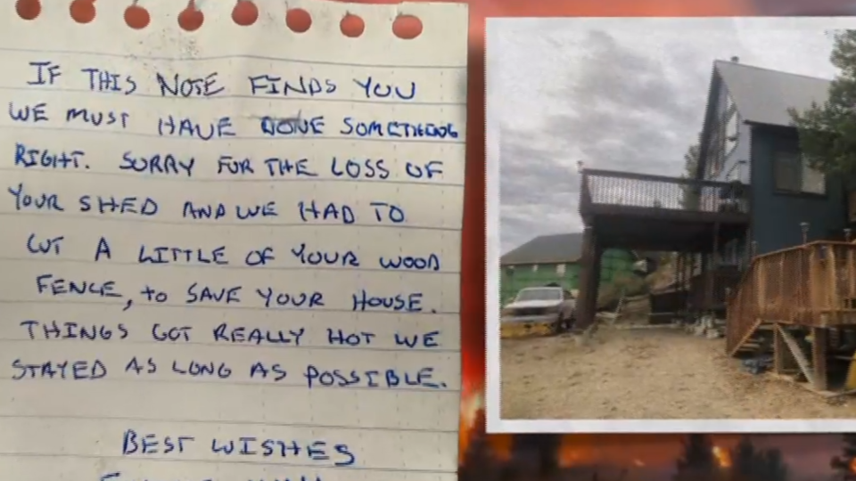 A note left by firefighters for Dan Stones and a photo of his cabin are seen next to one another. / Credit: CBS News