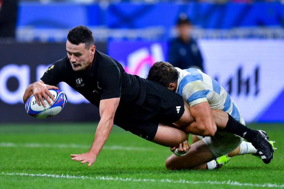 PARIS, FRANCE - OCTOBER 20: Will Jordan of New Zealand scores a try during the Rugby World Cup France 2023 semi-final match between Argentina and New Zealand at Stade de France on October 20, 2023 in Paris, France. (Photo by Franco Arland/Quality Sport Images/Getty Images)
