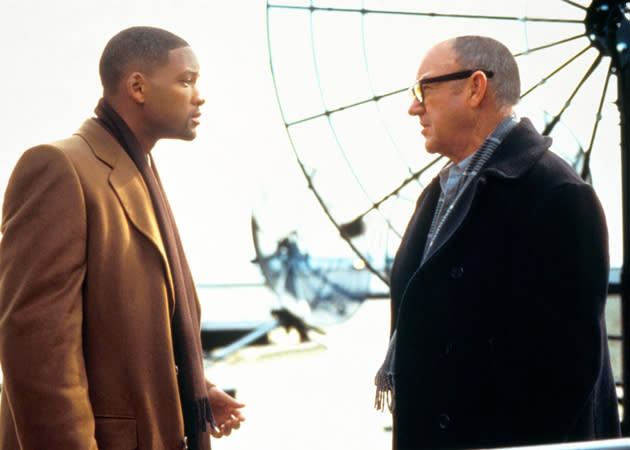 <b>Enemy of the State (1998) </b><br><br> Hackman returned three years later to star opposite Will Smith who had already become a superstar with ‘Independence Day’ and ‘Men in Black’. This conspiracy thriller represented Smith’s first straight role as the lead in a more grown-up film. He was a success and so was the movie.<br><br><b>[Related: <a href="http://uk.movies.yahoo.com/tony-scott-dies--stars-pay-tributes.html" data-ylk="slk:Stars pay tribute to Tony Scott;elm:context_link;itc:0;sec:content-canvas;outcm:mb_qualified_link;_E:mb_qualified_link;ct:story;" class="link  yahoo-link">Stars pay tribute to Tony Scott</a> ]</b>