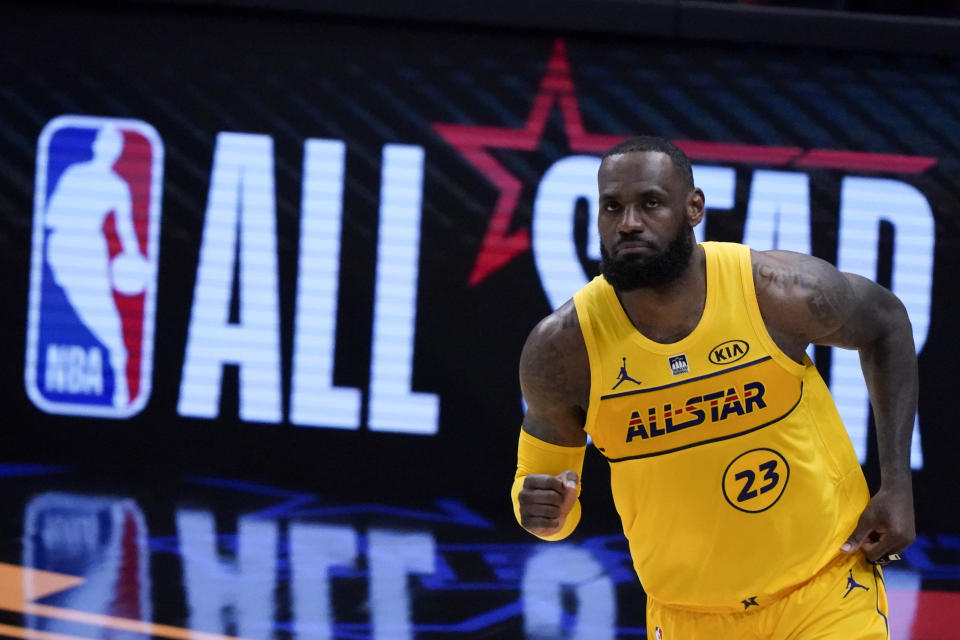 Golden State Warriors guard Stephen Curry plays during the first half of basketball's NBA All-Star Game in Atlanta, Sunday, March 7, 2021. (AP Photo/Brynn Anderson)