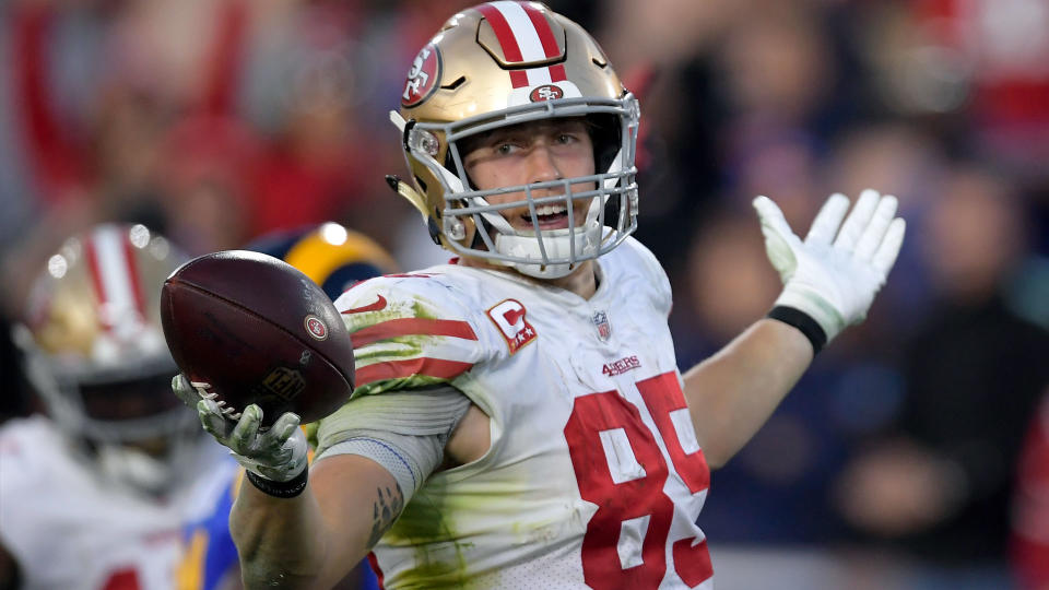 George Kittle broke the NFL single-season record for tight ends in receiving yardage, but he couldn’t beat out Travis Kelce on the AP All-Pro team. (AP)