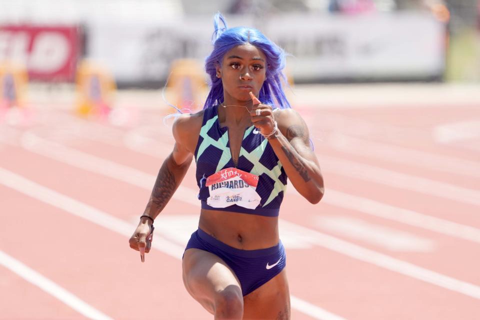 Sha'Carri Richardson wins the women's 100m in 10.77 during the USATF Golden Games at Hilmer Lodge Stadium.