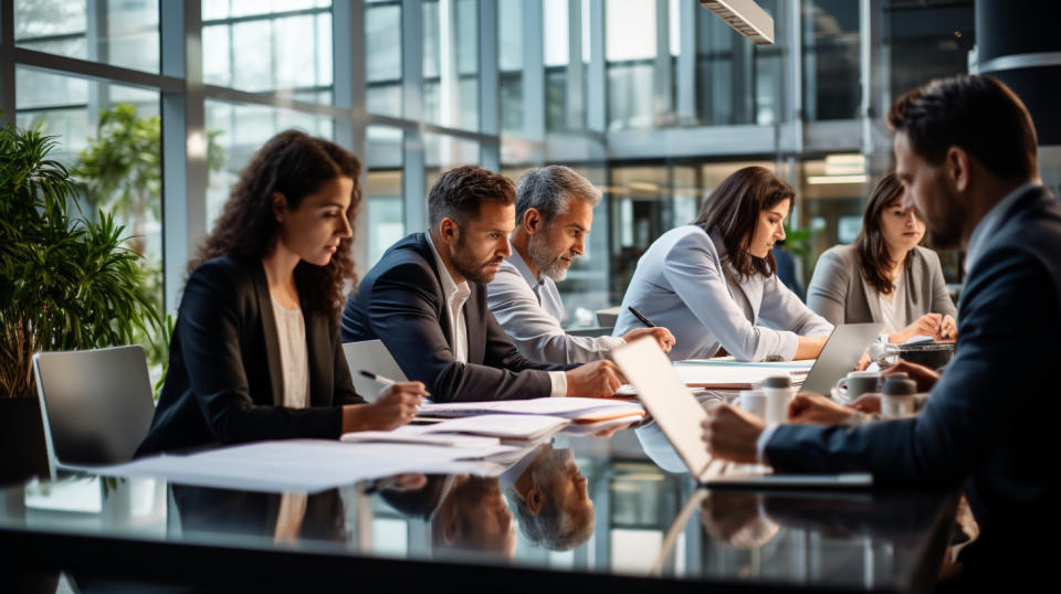 A group of finance professionals hard at work in an office, signifying accounts payable and accounts receivable.