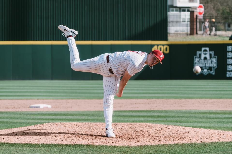 Arkansas baseball pitcher Will McEntire fires a pitch during the Razorbacks win over Missouri Saturday, March 16, 2024.