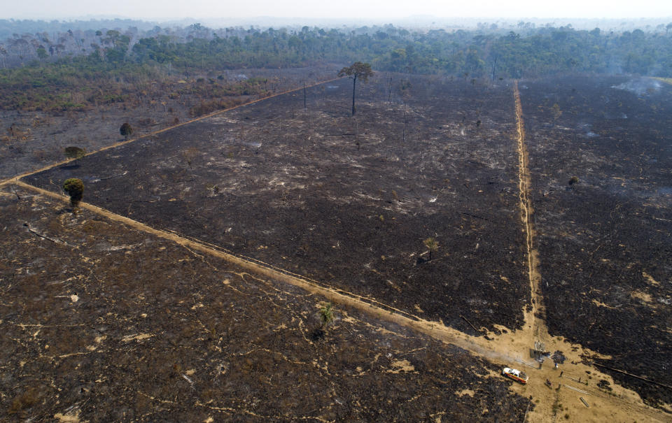 An area consumed by fire and cleared near Novo Progresso in Para state, Brazil, Tuesday, Aug. 18, 2020. While the threat under the administration of President Jair Bolsonaro is the latest and most severe, efforts to preserve the Amazon have been struggling for years. (AP Photo/Andre Penner)