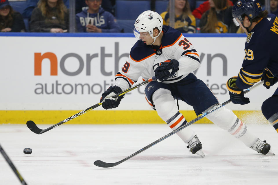 Edmonton Oilers forward Alex Chiasson (39) controls the puck during the second period of an NHL hockey game against the Buffalo Sabres, Thursday, Jan. 2, 2020, in Buffalo, N.Y. (AP Photo/Jeffrey T. Barnes)
