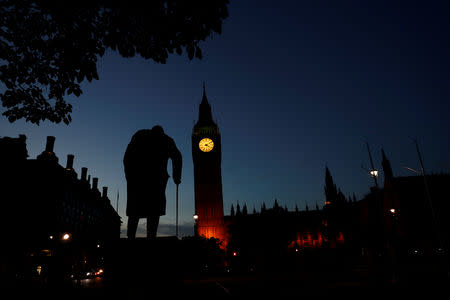 FILE PHOTO: Dawn breaks behind the Houses of Parliament and the statue of Winston Churchill in Westminster, London, Britain June 24, 2016. REUTERS/Stefan Wermuth/File Photo