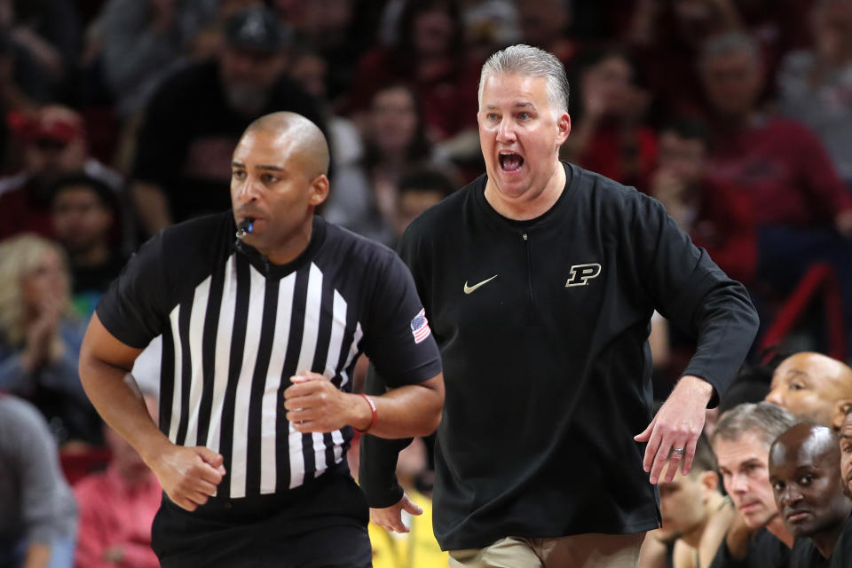 Oct 28, 2023; Fayetteville, AR, USA; Purdue Boilermakers head coach Matt Painter reacts during a game against the Arkansas Razorbacks at Bud Walton Arena. Arkansas won 81-77. Mandatory Credit: Nelson Chenault-USA TODAY Sports