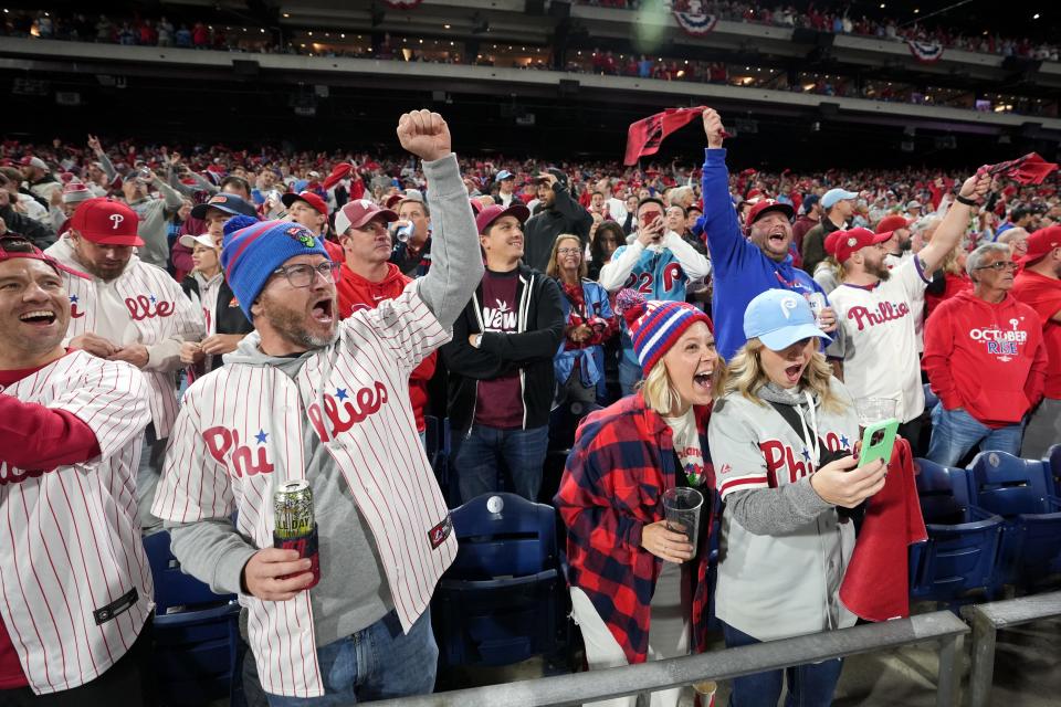 Philadelphia Phillies fans cheer on their team against the Arizona Diamondbacks during their NLCS game at Citizens Bank Park in Philadelphia on Oct. 16, 2023.