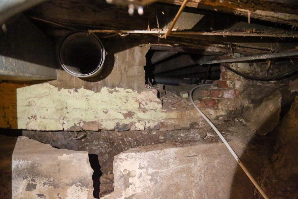 A hole underneath the house where Angela Moody and Randall Tanksely were renting from Chaofeng Liu, an adjunct professor at Purdue University in the Department of Statistics, on Monday, June 5, 2023, in Lafayette, Ind.