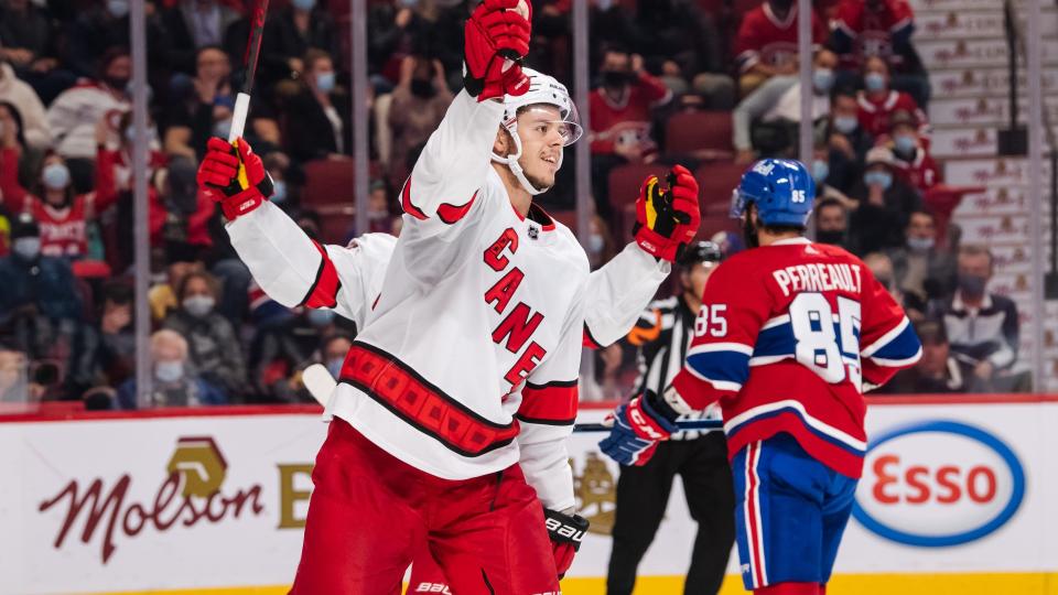 Jesperi Kotkaniemi had a night to remember in his return to Montreal. (Photo by Vincent Ethier/Icon Sportswire via Getty Images)