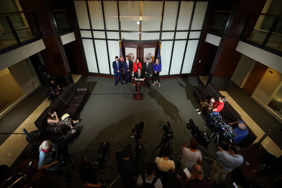 Pennsylvania Attorney General Michelle Henry speaks during a news conference, Friday, July 7, 2023, in Philadelphia. A Pennsylvania grand jury investigating child sexual abuse in the Jehovah's Witnesses community has charged another five people with raping or molesting children as young as 4, the latest developments in an ongoing probe that has identified 14 suspects. (AP Photo/Matt Slocum)