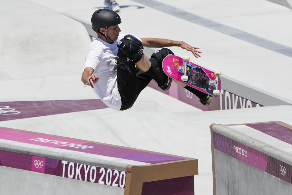 Tony Hawk who is not a competitor, tries out the skate park at the 2020 Summer Olympics, Friday, July 23, 2021, in Tokyo, Japan. (AP Photo/Markus Schreiber)