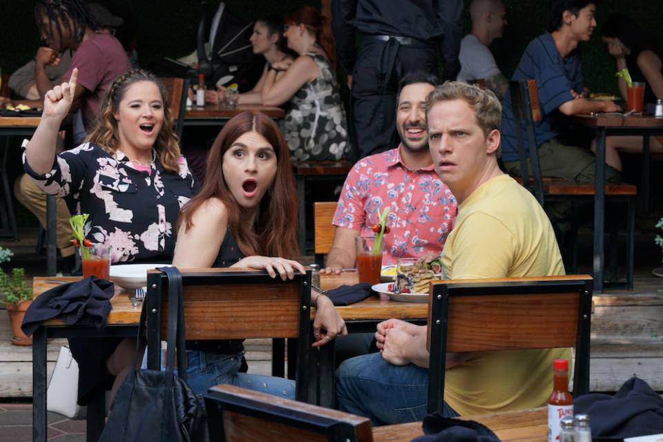 YOU'RE THE WORST -- "Bachelor/Bacheloret te Party Sunday Funday" - Season 5, Episode 9 (Airs March 6, 10:00 pm e/p)  Pictured (l-r): Kether Donohue as Lindsay, Aya Cash as Gretchen, Desmin Borges as Edgar, Chris Geere as Jimmy. CR: Byron Cohen/FXX
