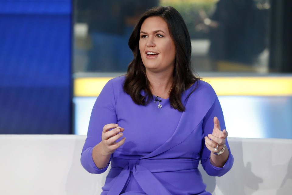 FILE - In this Friday, Sept. 6, 2019, file photo, Fox News contributor Sarah Sanders makes her first appearance on the "Fox & Friends" television program in New York. Former White House Press Secretary Sarah Sanders raised more than $1 million in the first four days of her bid for Arkansas governor, her campaign said Thursday, Jan. 28, 2021. Sanders announced on Monday she was running for Arkansas governor with a nearly eight-minute video that embraced former President Donald Trump, even as the Senate prepares for an impeachment trial on charges he incited the deadly Jan. 6 riot at the U.S. Capitol. (AP Photo/Richard Drew, File)