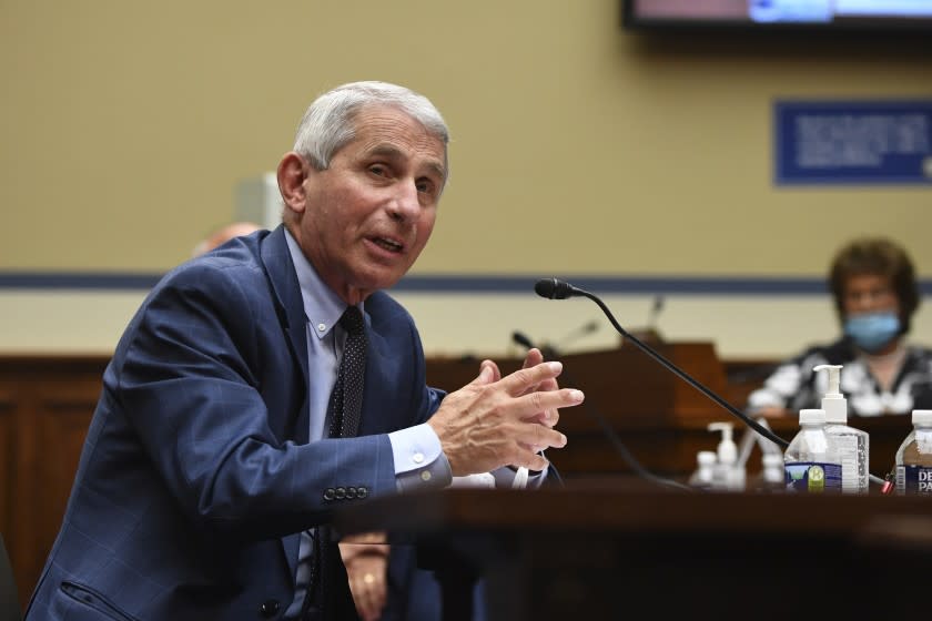 Dr. Anthony Fauci, director of the National Institute for Allergy and Infectious Diseases, speaks during a House Subcommittee on the Coronavirus crisis hearing, Friday, July 31, 2020 on Capitol Hill in Washington. (Kevin Dietsch/Pool via AP)